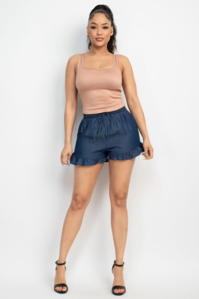 Smocked waist ruffled denim shorts