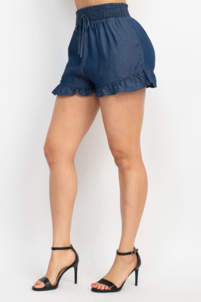 Smocked waist ruffled denim shorts