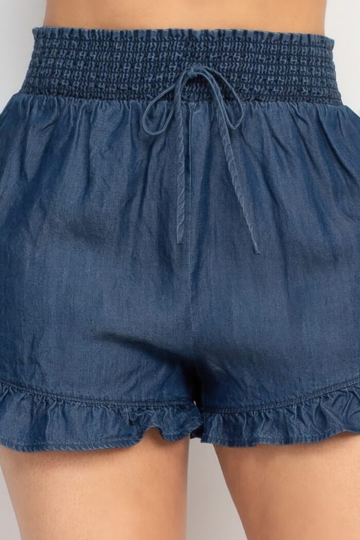 Smocked waist ruffled denim shorts