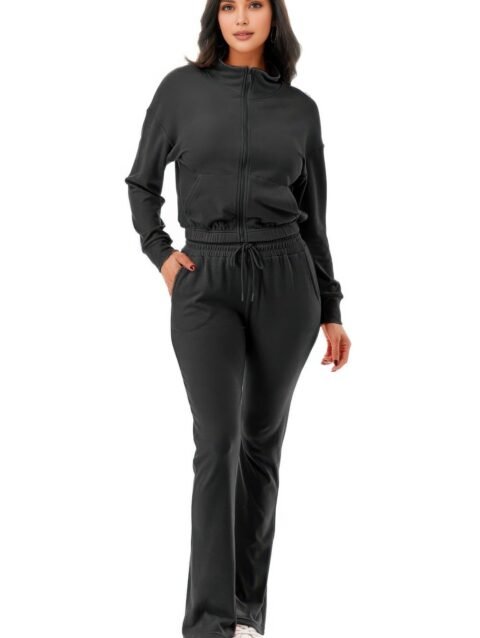 Thermal Crop Jacket With Flare Pants Set