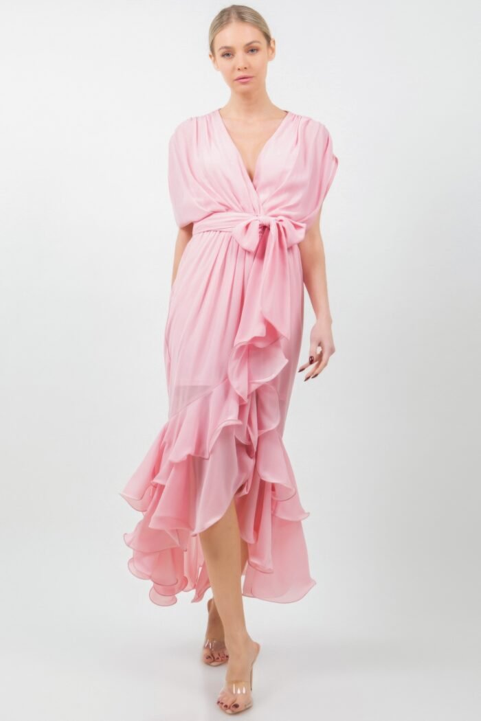 Solid tie waist ruffle midi dress