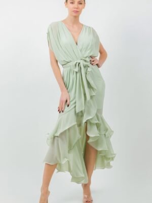 Solid Tie Waist Ruffle Midi Dress