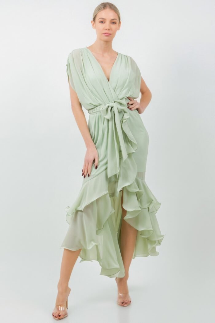 Solid tie waist ruffle midi dress
