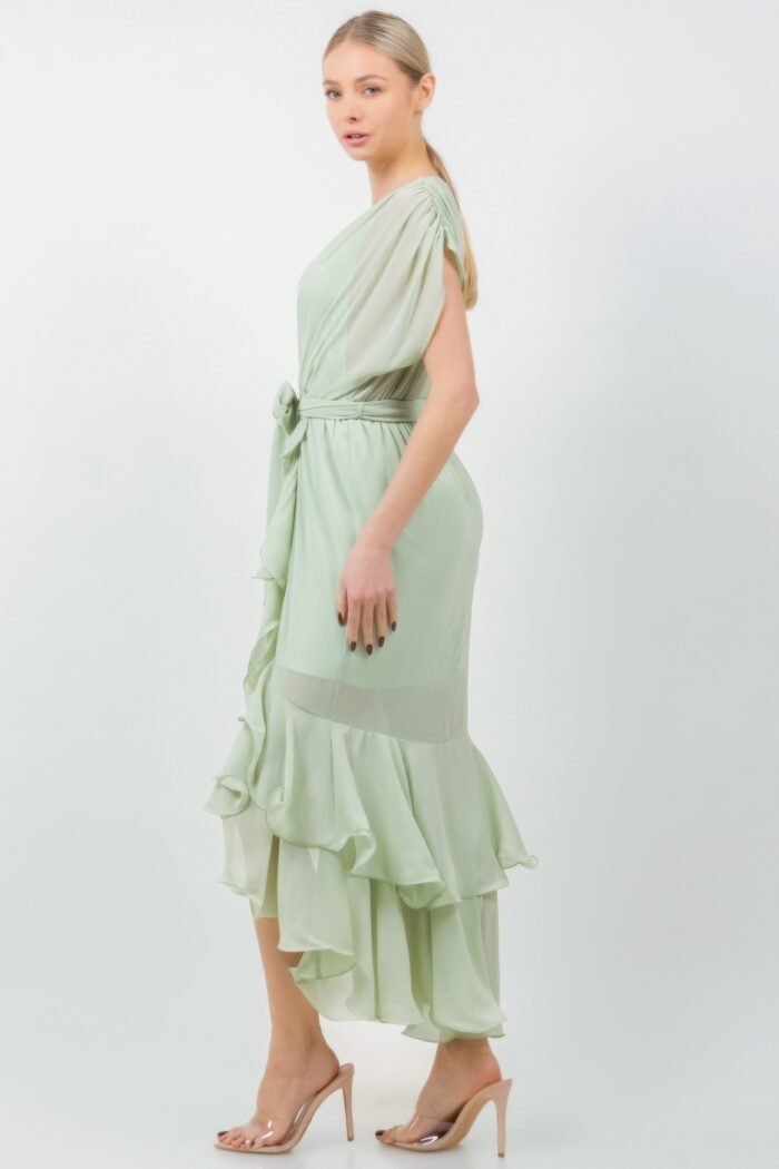 Solid tie waist ruffle midi dress