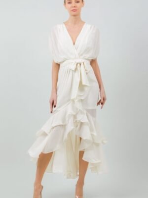 Solid Tie Waist Ruffle Midi Dress
