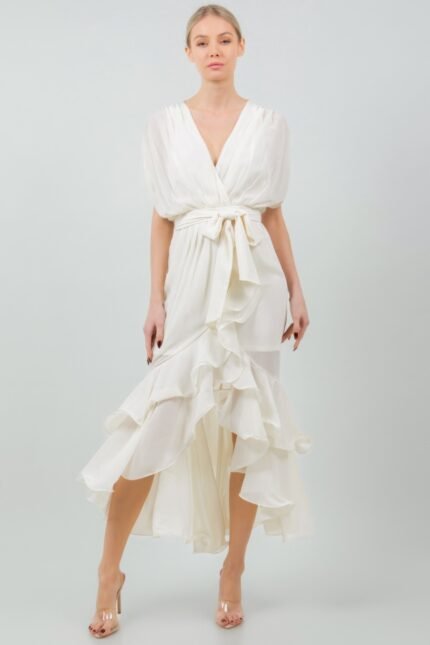 Solid Tie Waist Ruffle Midi Dress