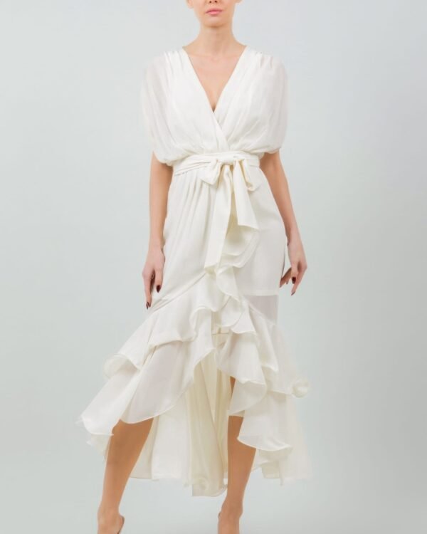 Solid Tie Waist Ruffle Midi Dress