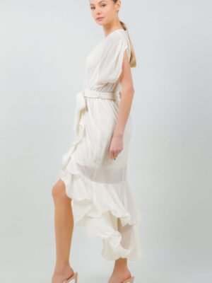 Solid Tie Waist Ruffle Midi Dress
