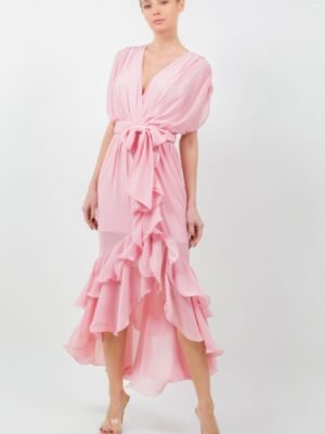 Solid Tie Waist Ruffle Midi Dress