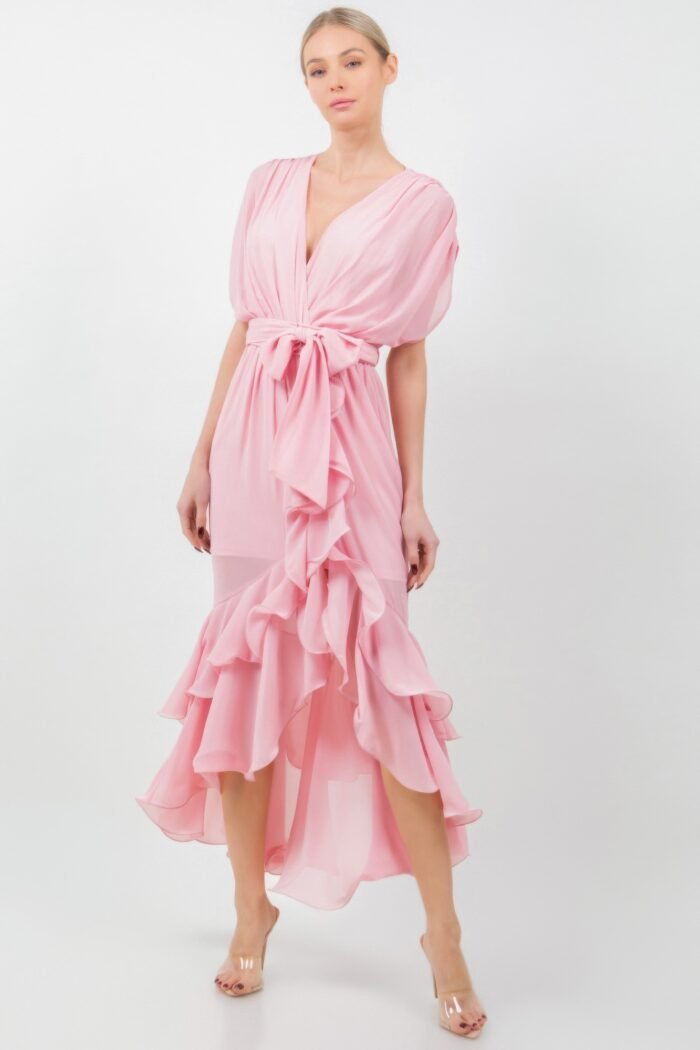 Solid tie waist ruffle midi dress