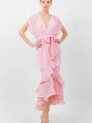 Solid Tie Waist Ruffle Midi Dress