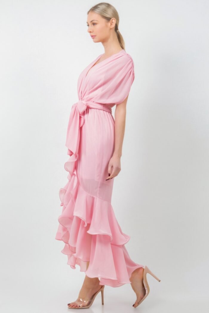 Solid tie waist ruffle midi dress