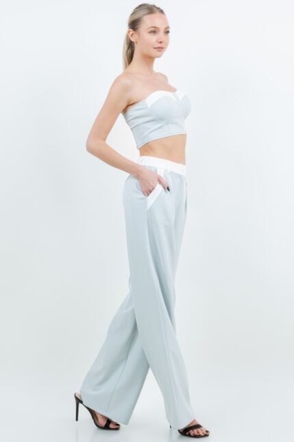 Tube Crop Top With 2 Pocket Wide Leg Pant Suit Set