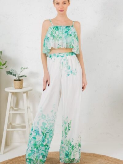 Printed Crop Top & Wide Leg Long Pants Set