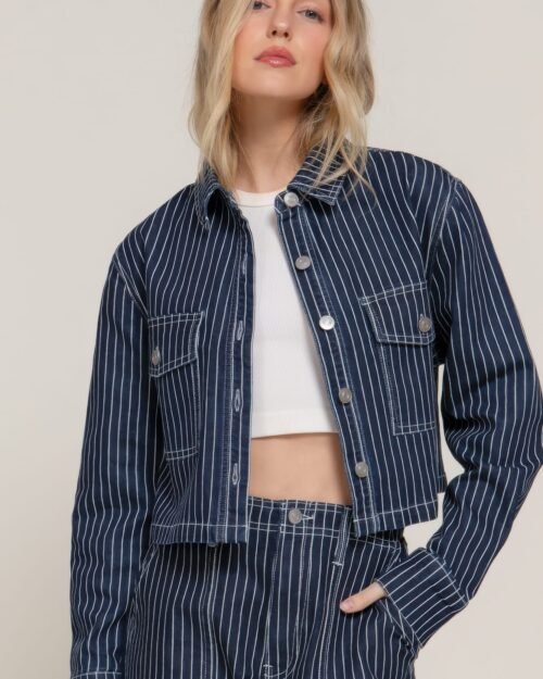 Button Down Stripe Denim Short Jacket