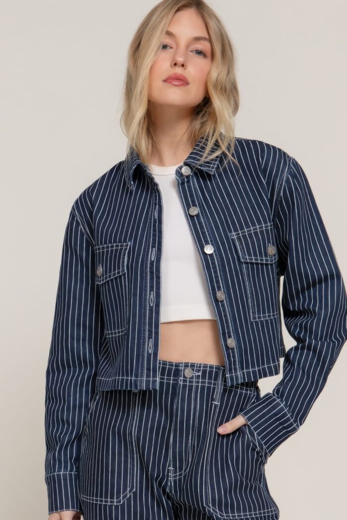 Button down stripe denim short jacket