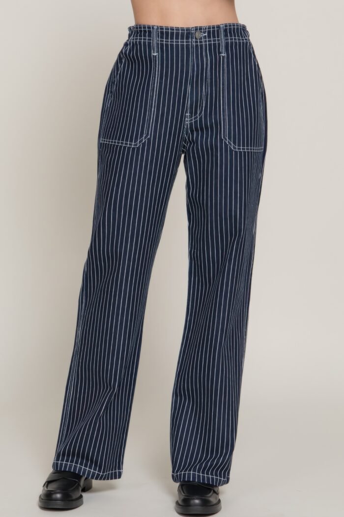 Stripe stretch denim straight pants