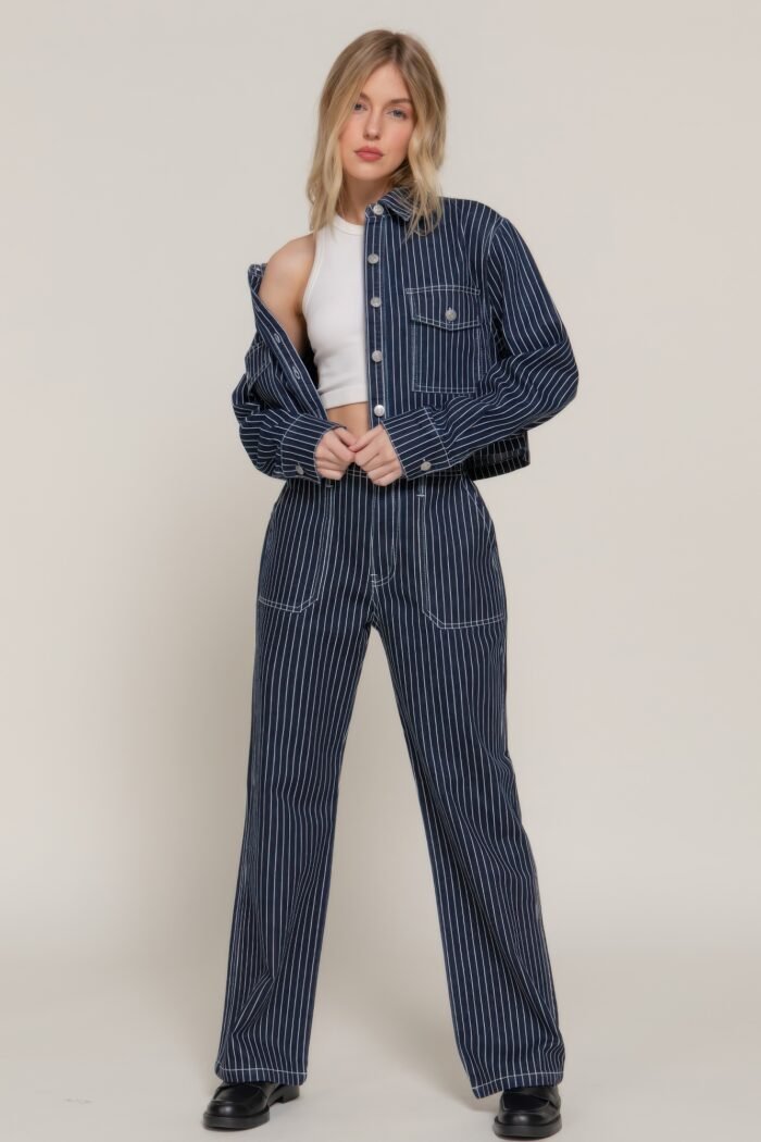 Stripe stretch denim straight pants