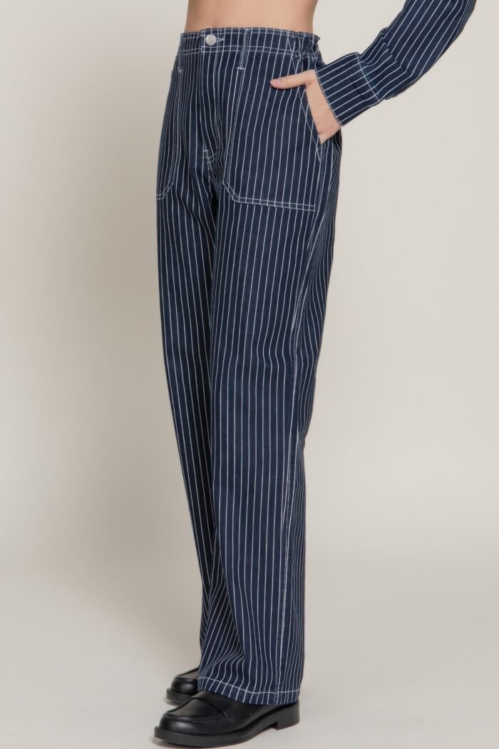 Stripe stretch denim straight pants