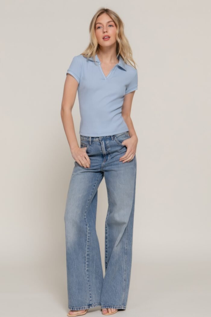 Short slv line detail polo rib knit top