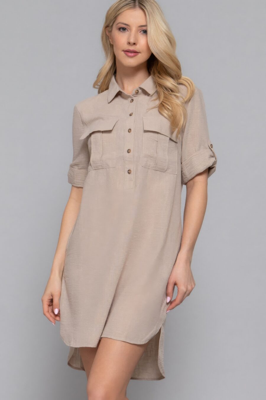 Roll up short slv straight linen effect mini dress