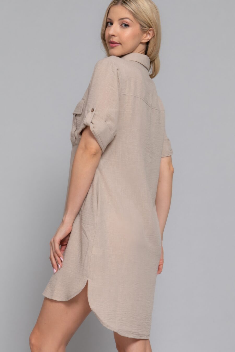 Roll up short slv straight linen effect mini dress