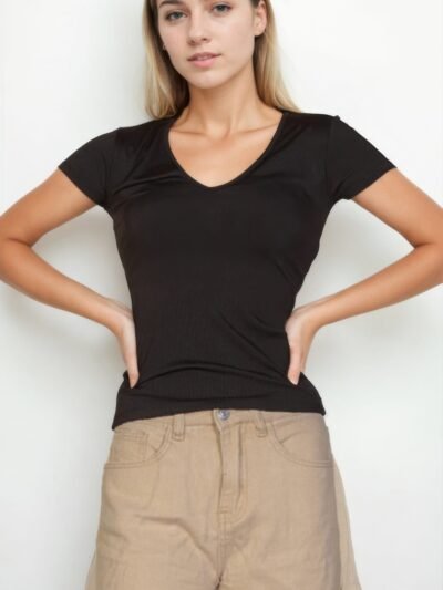 Ribbed V-neck Short Sleeve Top