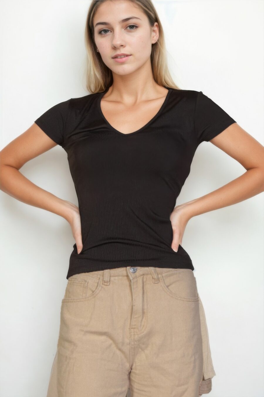 Ribbed v-neck short sleeve top