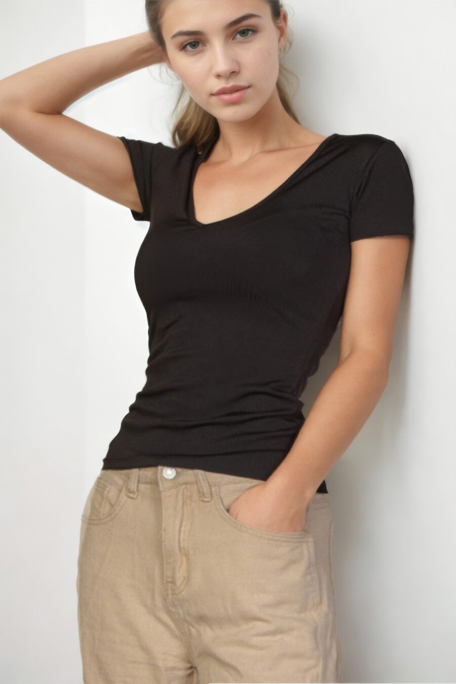 Ribbed v-neck short sleeve top