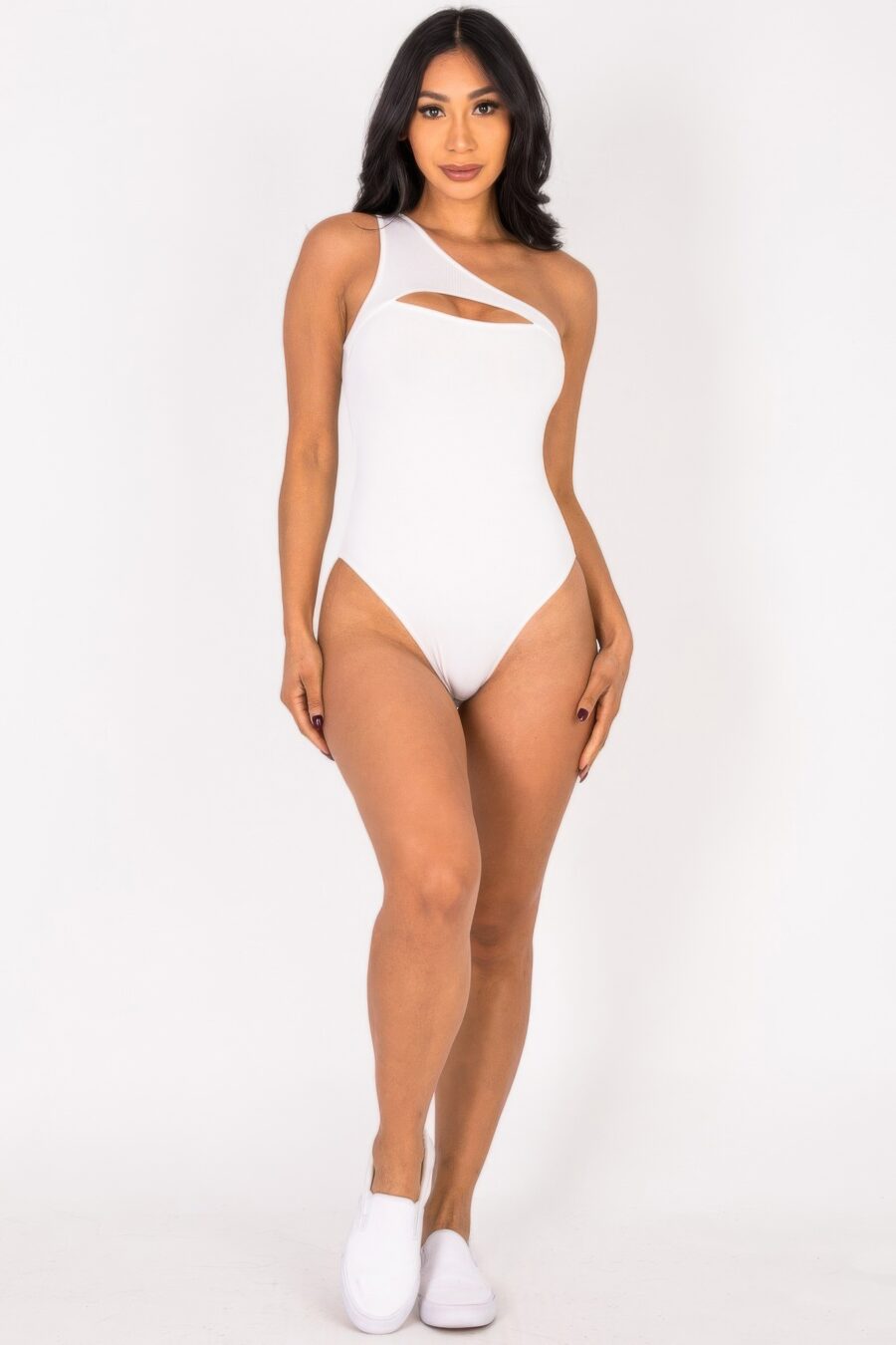 Ribbed knit cut out one shoulder bodysuit