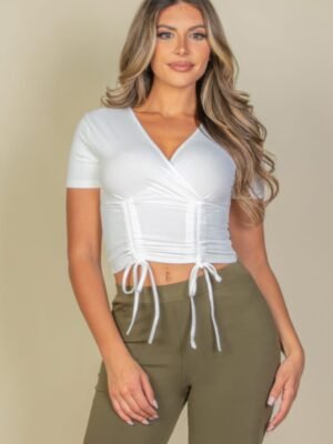 Ribbed Ruched Drawstring Surplice Top