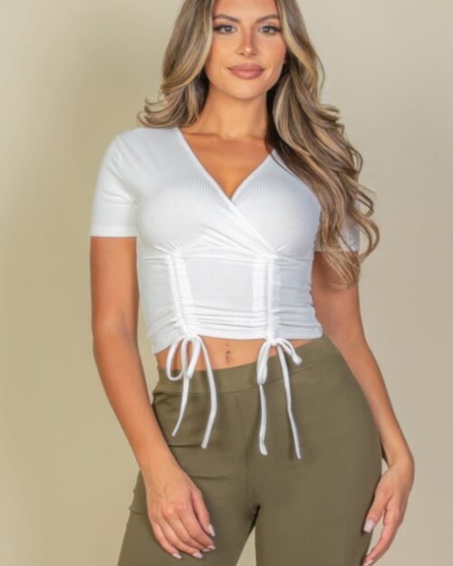 Ribbed Ruched Drawstring Surplice Top
