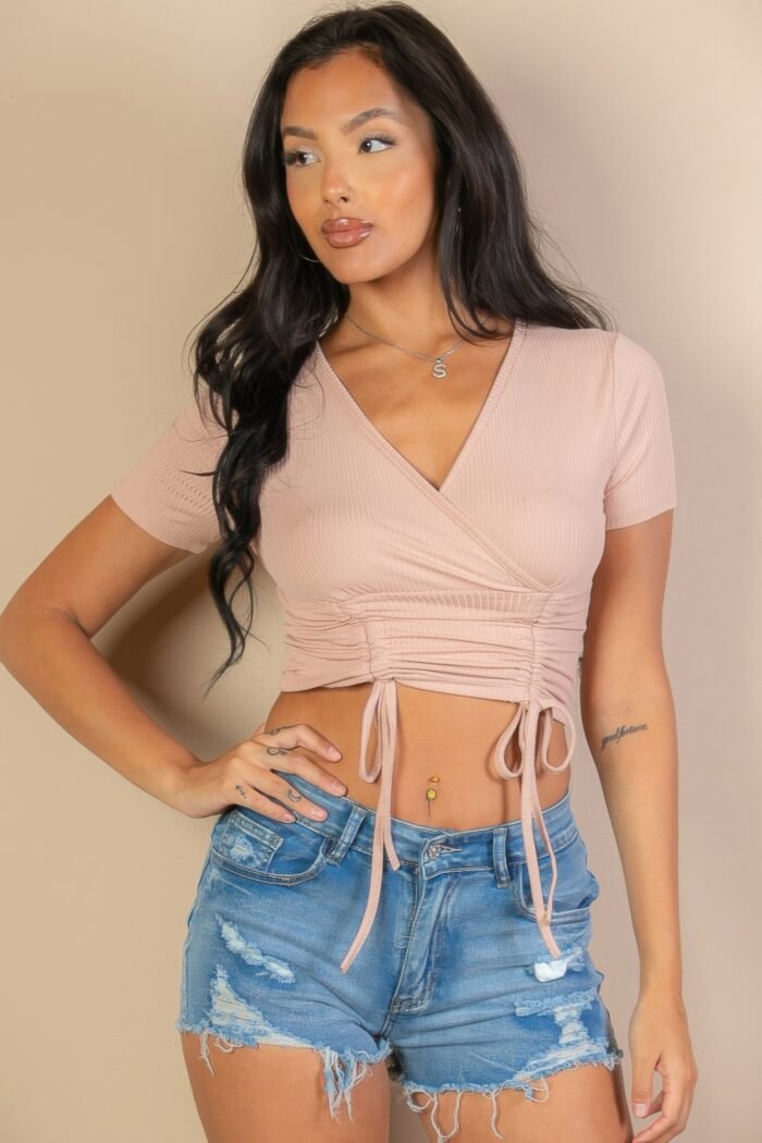 Ribbed ruched drawstring surplice top