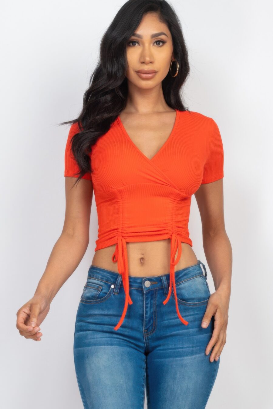 Ribbed ruched drawstring surplice top