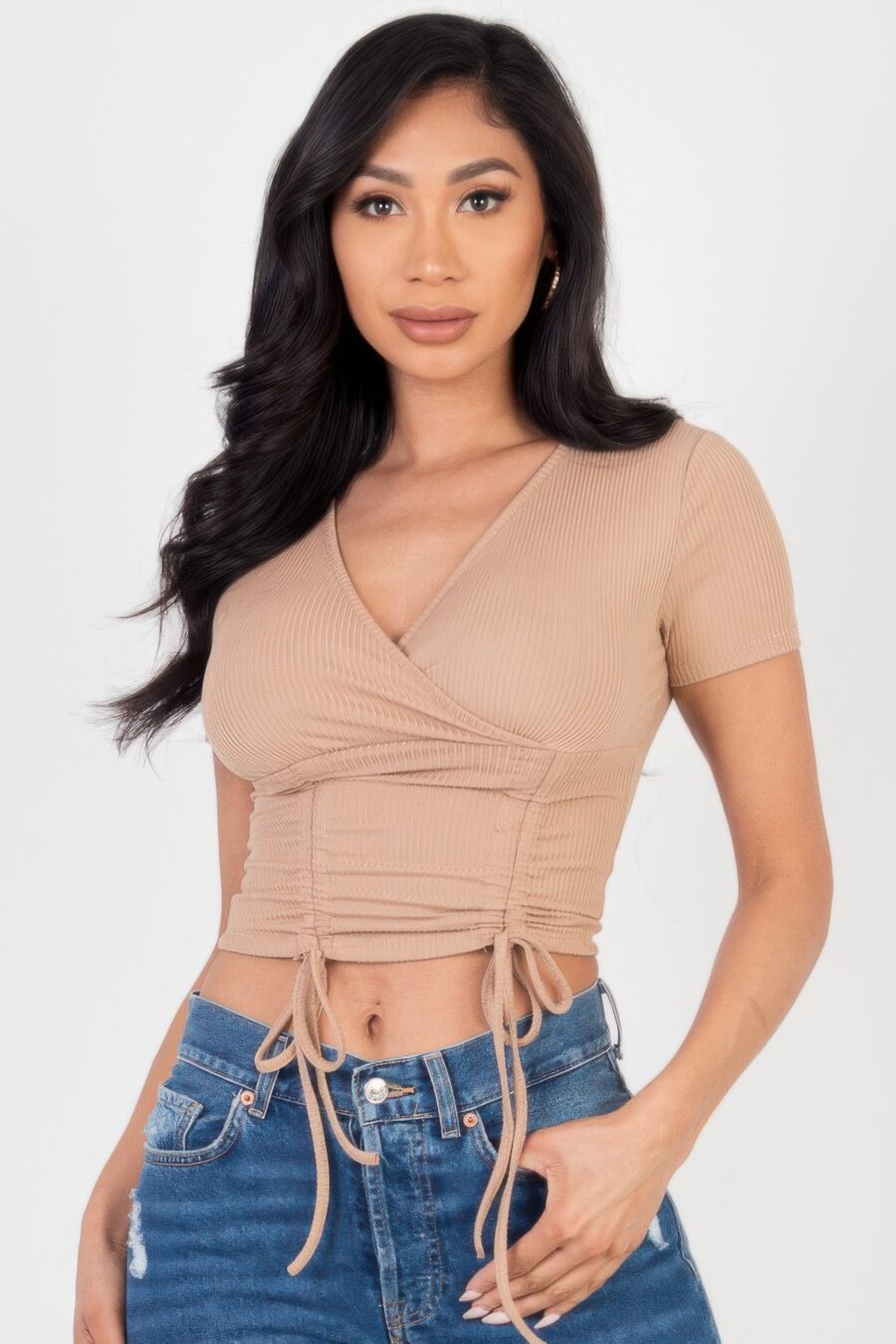 Ribbed ruched drawstring surplice top