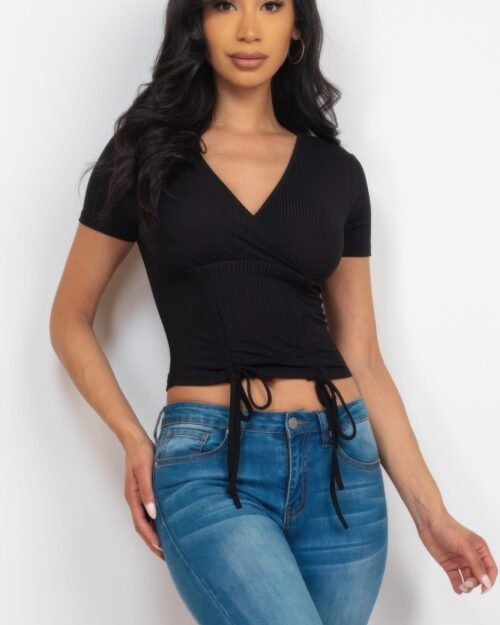 ribbed ruched drawstring surplice top