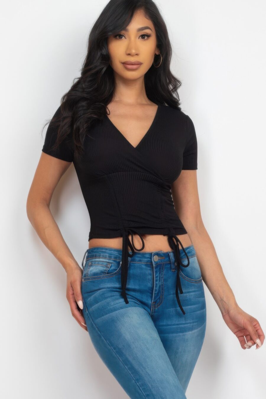 Ribbed ruched drawstring surplice top