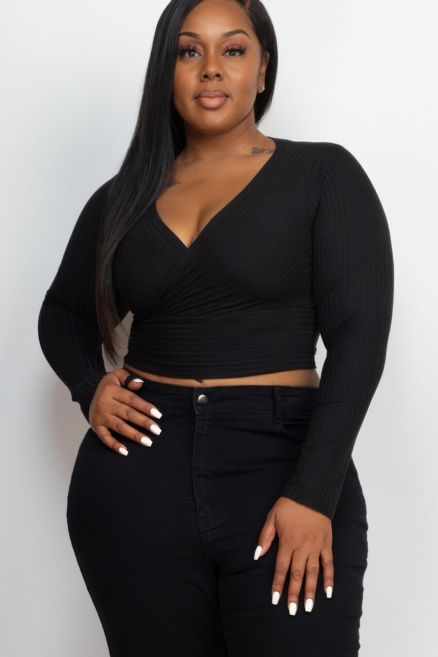 Plus size ribbed wrap front long sleeve top