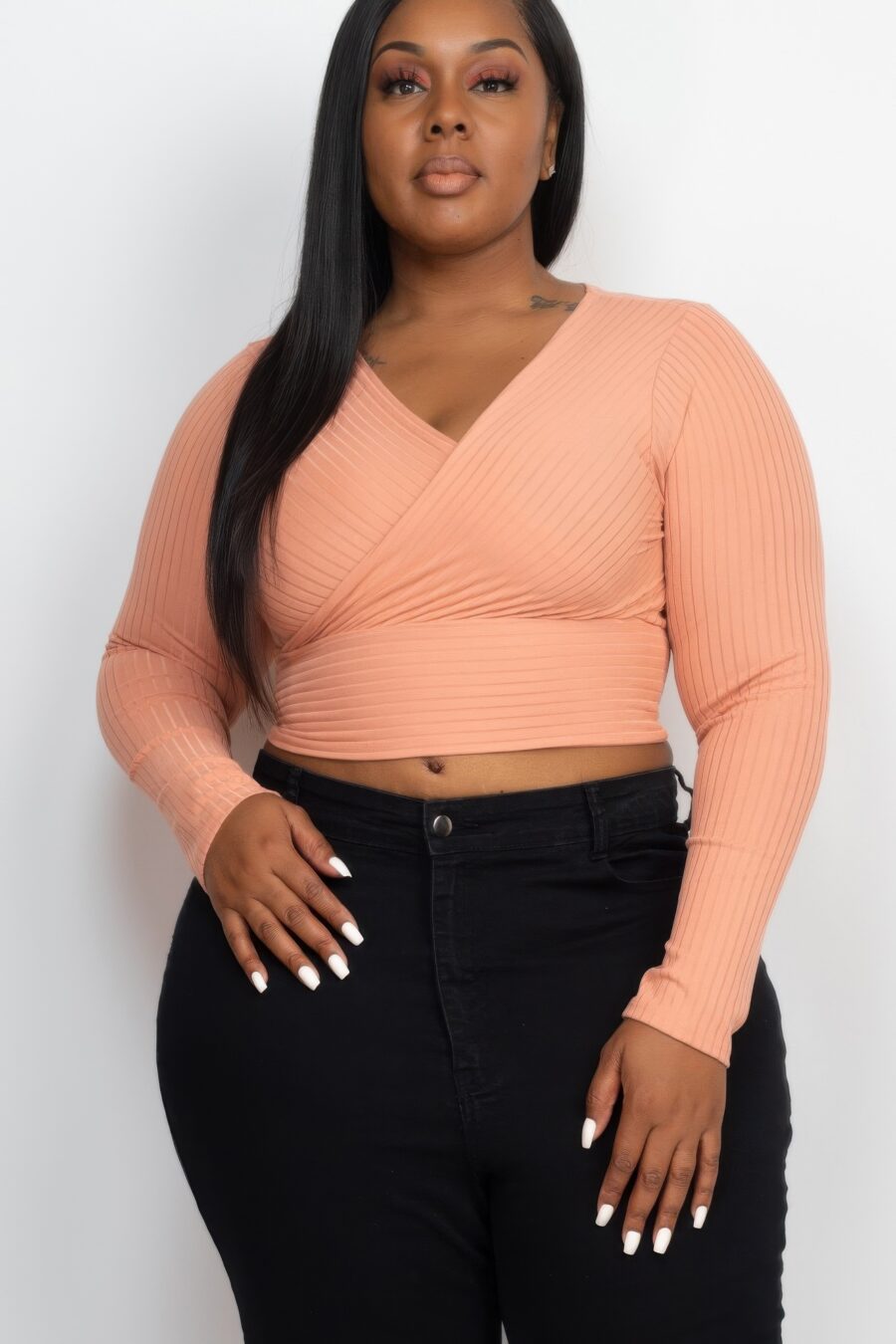 Plus size ribbed wrap front long sleeve top