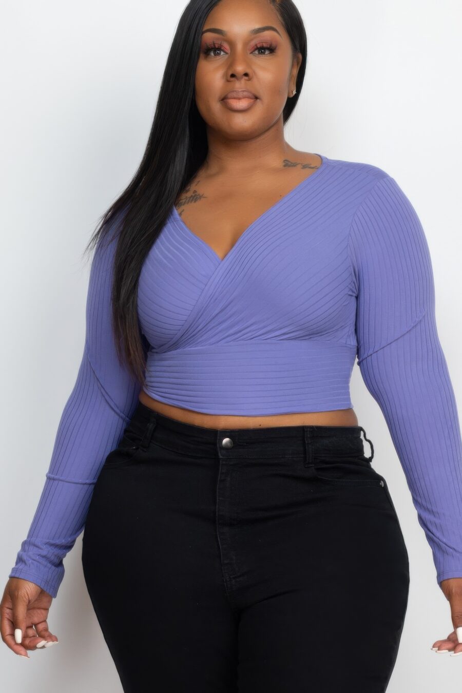 Plus size ribbed wrap front long sleeve top