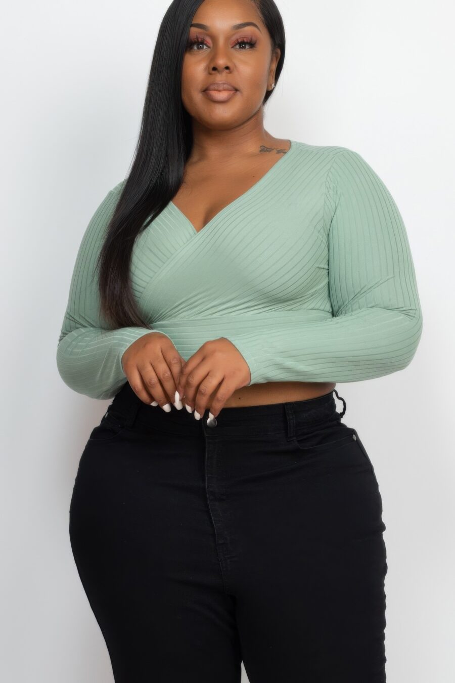 Plus size ribbed wrap front long sleeve top