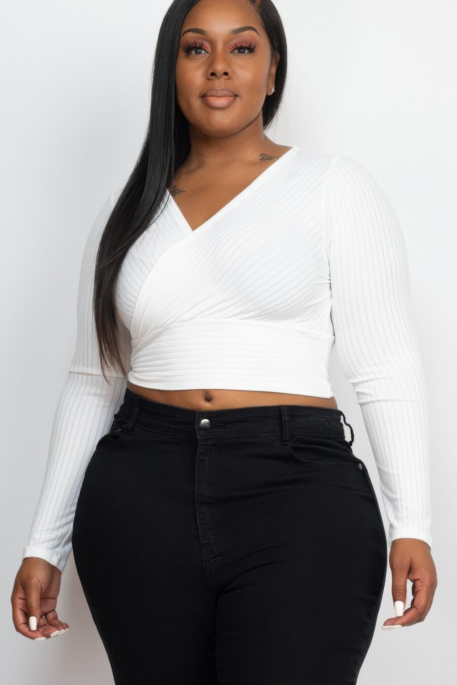 Plus size ribbed wrap front long sleeve top