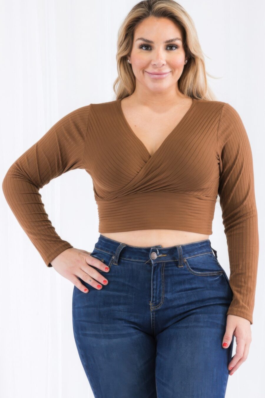 Plus size ribbed wrap front long sleeve top