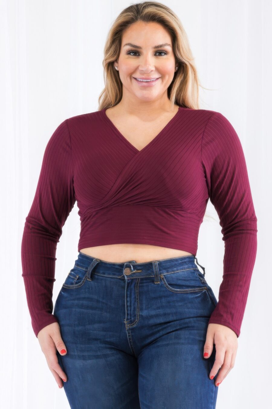 Plus size ribbed wrap front long sleeve top