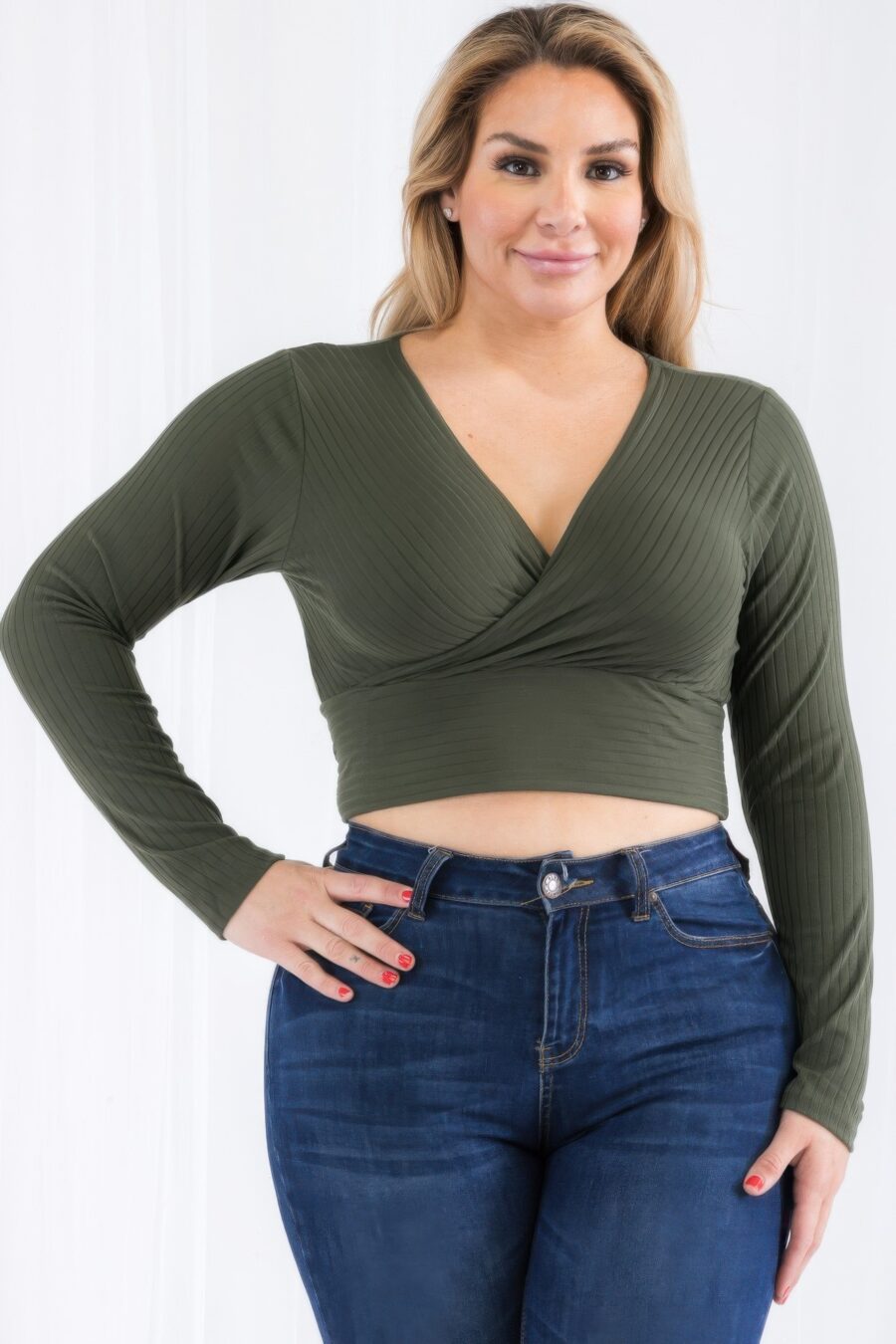 Plus size ribbed wrap front long sleeve top