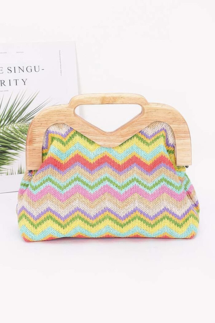 Faux straw wood frame clutch
