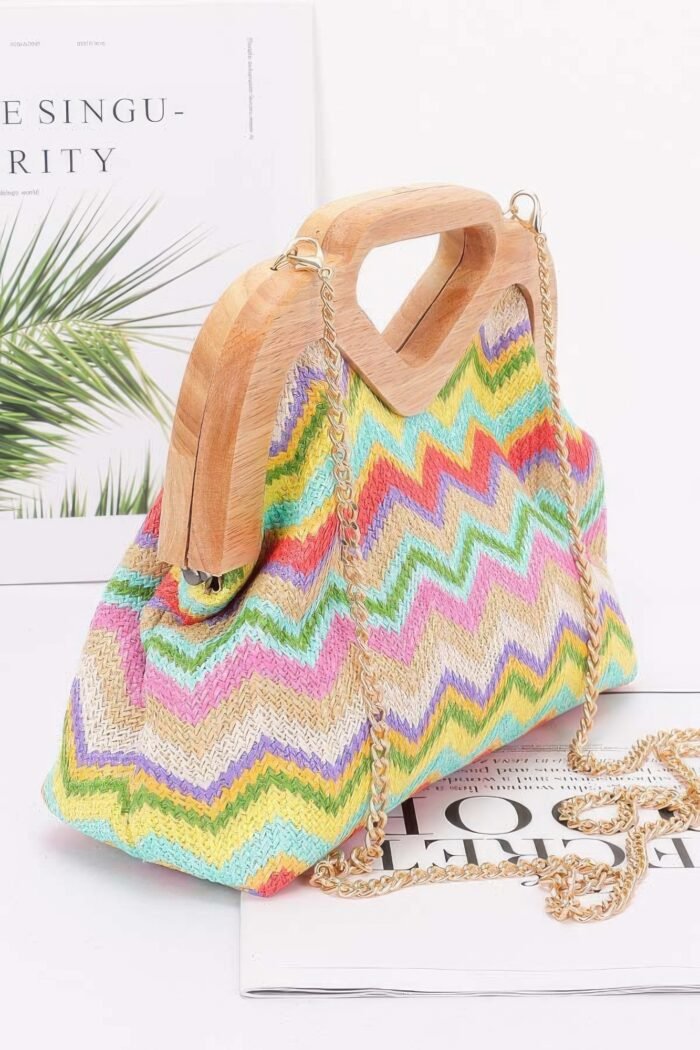 Faux straw wood frame clutch