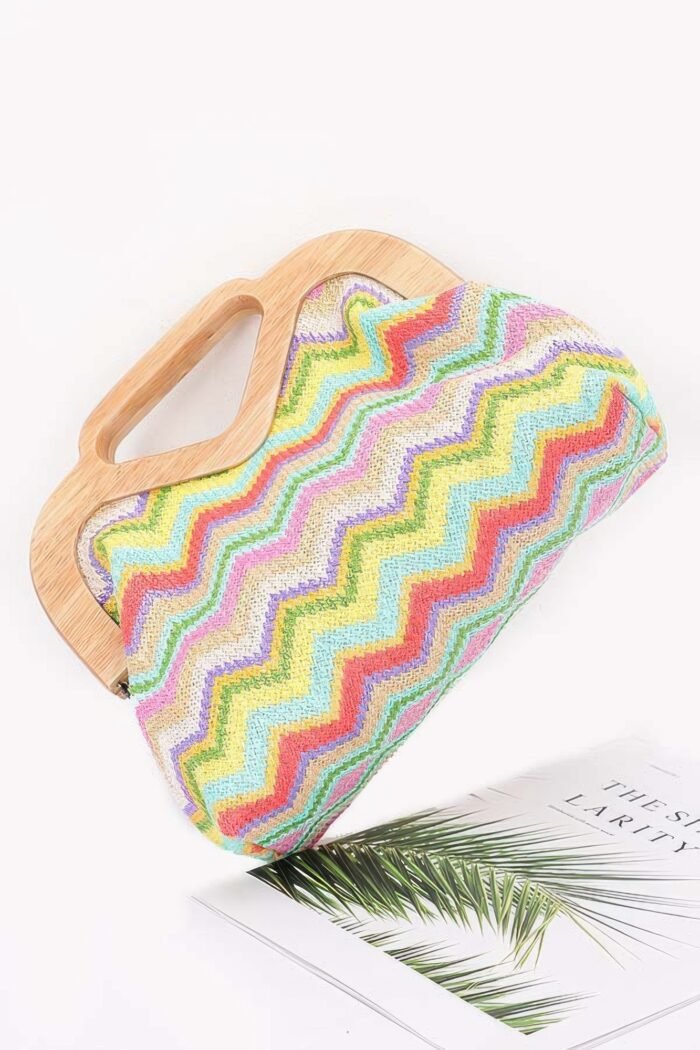 Faux straw wood frame clutch