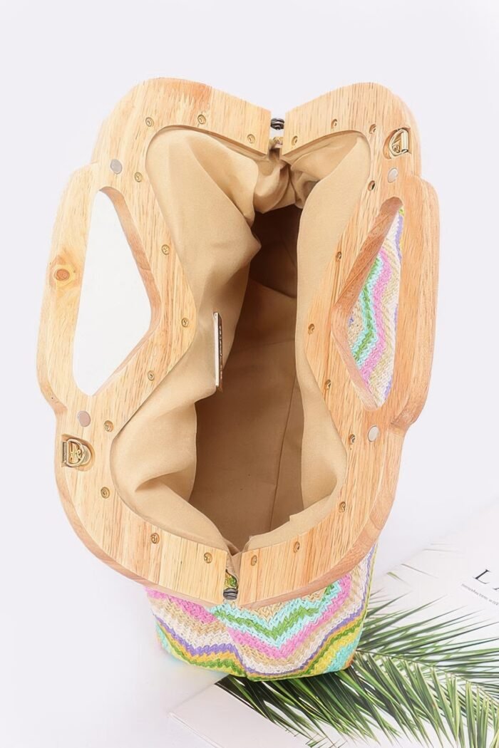 Faux straw wood frame clutch