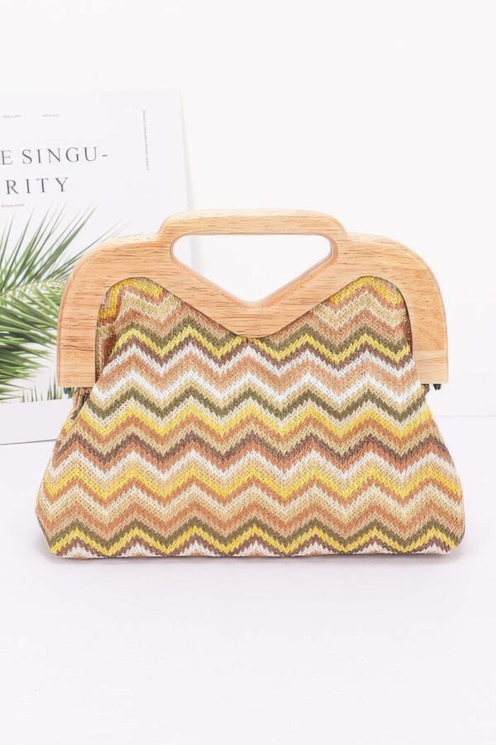 Faux straw wood frame clutch